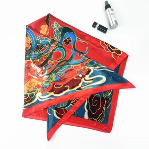 Ethnic style red silk scarf with Dunhuang flying goddess print and smooth glossy finish