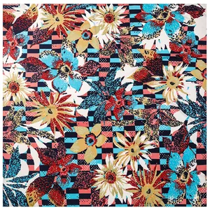 Floral sunflower print square scarf with leopard accents and grid pattern for women