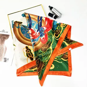 Detail of silk scarf showing ethnic patterns with clouds and auspicious beasts