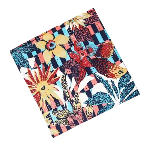Floral sunflower print square silk scarf with navy checkerboard pattern 130cm