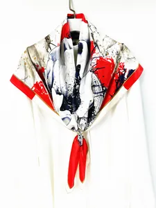 Detail of silk square scarf with abstract oil painting print and gold metal buckle