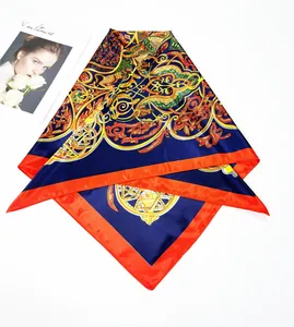 Detail of 90cm vintage square silk scarf with baroque pattern and silky finish