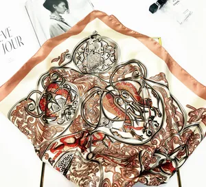 Detail of silk-texture square scarf featuring vintage equestrian and baroque patterns