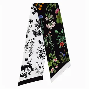 Élégant foulard twilly floral double face avec imprimés botaniques noir et blanc