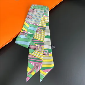 Twilly-Schal mit geometrischem Gürtelkettemuster und France-Paris-Schriftzug auf Box