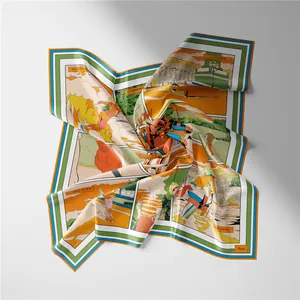 Detalle de pañuelo de seda con estampado de cómic francés y bordes enrollados a mano naranja