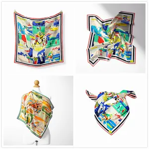 Pañuelo cuadrado de seda de 53cm con estampado de cómic colorido mostrado en varios estilos