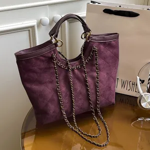 Women Quilted Rhomboid Tote Bag Large Capacity Polyester Shoulder Bag With Chain Strap Retro Handheld Office Daily Bag