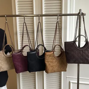 Quilted tote bags with chain straps in beige, burgundy, black, brown, and coffee colors