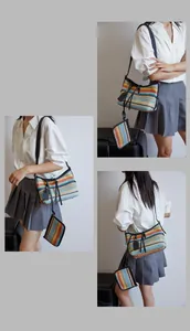 Detailed views of a rainbow striped woven tote bag with leather trim and matching coin purse