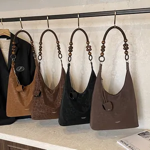 Retro hobo shoulder bags with wooden bead handles in suede finish for women