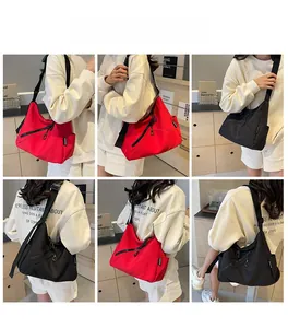 Detailed views of high-capacity nylon crossbody bags in black and red street style