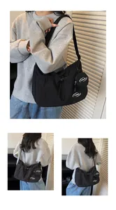 Three-angle view of a large black nylon hobo bag with a matching small coin purse