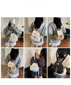 Collage di mini zaini in nylon in vari colori indossati da una modella in diversi contesti