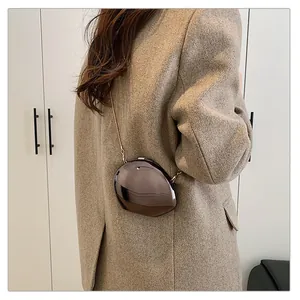 Detail of mirrored pebble-shaped crossbody bag with gold chain on beige wool coat