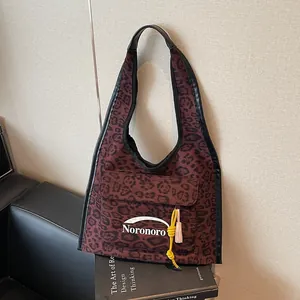 Women Leopard Print Canvas Tote Bag Large Capacity Shoulder Bag With Front Flap Pocket Tassel Noronoro Handbag Casual Travel Bag