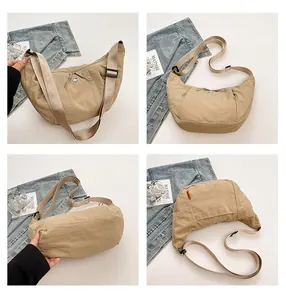 Detailed four-way views of a beige nylon crescent crossbody bag with drawstring accents