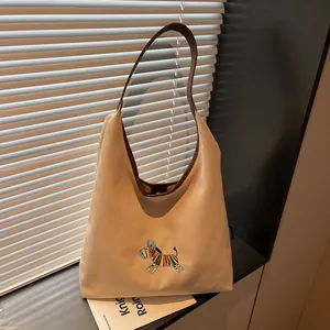 Women Casual Canvas Tote Bag With Colorful Zebra Embroidery Large Capacity Commute Single Shoulder Hobo Bag Handbag Underarm Bag
