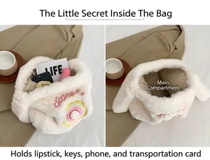 Detail view of large white plush tote bag interior capacity with Sweet embroidery