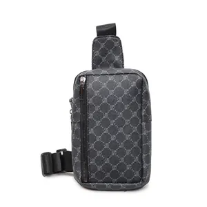 Dunkelgraue Herren Brusttasche mit Monogramm-Muster und verstellbarem Schultergurt