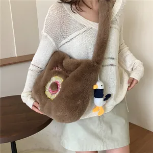 Brown fluffy fleece shoulder bag with donut embroidery and cute duck charm for women
