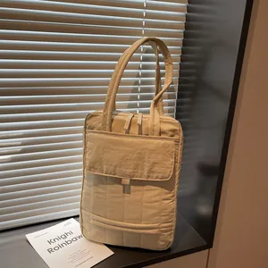 Women's Large Capacity Quilted Tote Bag Simple Commuter Laptop Shoulder Bag With Front Flap Pocket Casual Underarm Handbag