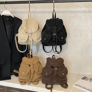 Sacs à dos vintage minimalistes en daim pour femmes en beige noir et marron