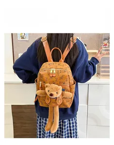 Detail of brown vintage backpack featuring trendy prints and a 3D plush bear pendant