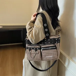 Punk style large houndstooth tote bag with metal rivets and chain strap for women