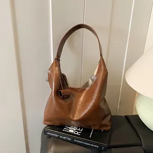 Women Large Capacity PU Leather Hobo Shoulder Bag Minimalist Retro Solid Color Tote For Daily Commuting Office Slouchy Handbag