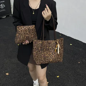 Leopard print 2-piece tote bag set with matching pouch and stylish beaded pendant