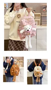 Detail of cute printed PU leather backpack featuring a 3D plush bear doll charm