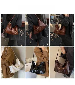 Outdoor street style showcasing various colors of polished leather crescent shoulder bags