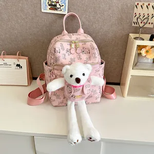 Cute Cartoon Bear Print Women PU Leather Backpack With Plush Doll Large Capacity Fashion School Travel Daypack Bag