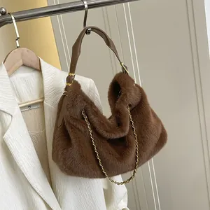 Damen Kunstpelz Schultertasche Mit Goldener Kette Plüsch Umhängetasche Mode Hobo Tote Handtasche Für Herbst Winter Reisen Täglich