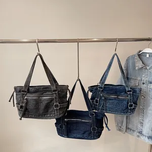 Trois sacs croissants en jean noir et bleu avec broderie Fashion sur crochets en métal