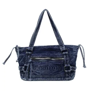Sac à bandoulière vintage en denim avec logo Fashion en relief et cordons de serrage