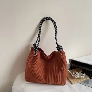 Women Corduroy Tote Bag Large Capacity Minimalist Shoulder Bag With Checkerboard Woven Rope Handle Knotted Underarm Bag