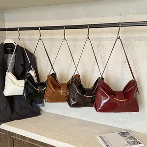 Minimalist patent leather hobo bags with crescent metal buckle in five assorted colors