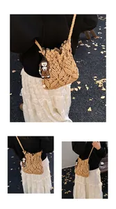 Detail of macrame woven bucket bag with 3D texture and cute character doll pendant charm
