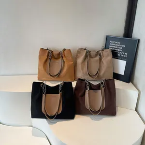 Minimalist faux suede tote bags in four colors with stylish metal chain shoulder straps