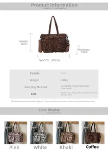 Detailed view of leopard print corduroy tote bag showing large capacity and dimensions