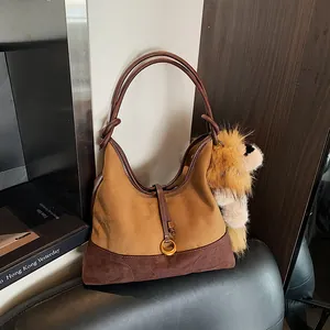 Retro Suede Large Capacity Shoulder Bag For Women Urban Simple Tote Bag With Lion Plush Charm Metal Ring Buckle Solid Color Hobo Bag