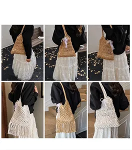 Detail view of woven cotton rope tote bags with fringe and lace bow accents