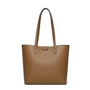 Classic brown lychee textured leather tote bag with large capacity and shoulder straps
