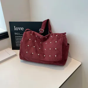Sac à Épaule en Suède pour Femmes avec Rivets Grande Capacité Urbain Simple Sac Fourre-tout Plié Sac Bandoulière Mode