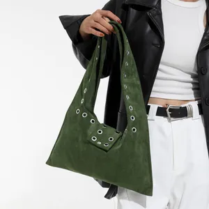 Women Retro Suede Shoulder Bag Large Underarm Bag With Metal Grommet Eyelet Rivet Decoration Fashion Solid Color Commute Hobo Bag