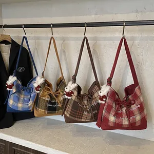 Retro plaid canvas tote bags with embroidery and puppy pendant in four colors