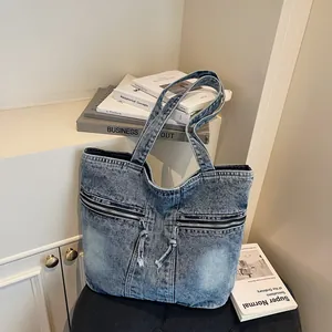 Women Casual Denim Tote Bag Large Capacity Washed Solid Color Shoulder Bag With Dual Zipper Pockets Minimalist Handbag