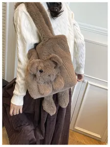 Detail of plush tote bag featuring a 3D teddy bear doll and soft faux fur texture